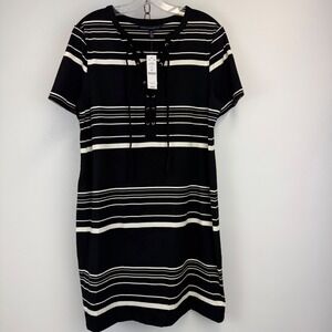 White House Black Market Lace Up Stripe Knit Dress XL Black Ecru NWT
